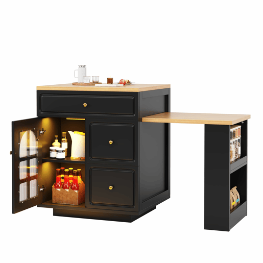 Ilha de cozinha extensível com gavetas 122,5-195,5 cm - faixa de luz LED RGB, vitrina de vidro, acabamento em veios de madeira, utilização multifuncional para cozinha, sala de jantar e balcão - preto