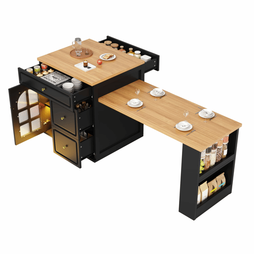 Ilha de cozinha extensível com gavetas 122,5-195,5 cm - faixa de luz LED RGB, vitrina de vidro, acabamento em veios de madeira, utilização multifuncional para cozinha, sala de jantar e balcão - preto