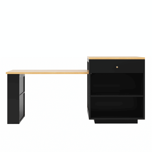 Ilha de cozinha extensível com gavetas 122,5-195,5 cm - faixa de luz LED RGB, vitrina de vidro, acabamento em veios de madeira, utilização multifuncional para cozinha, sala de jantar e balcão - preto