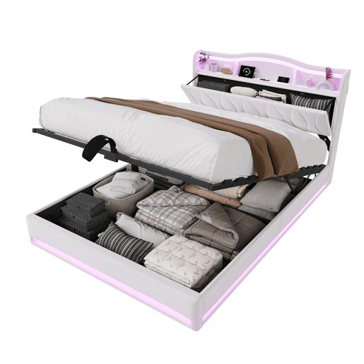 Cama estofada de 160x200 cm com sistema hidráulico, espaço de armazenamento, iluminação LED e USB, revestimento em veludo bege, cama de casal com estrado de ripas.