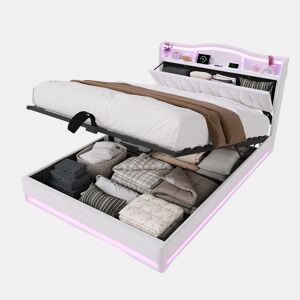 Cama estofada de 160x200 cm com sistema hidráulico, espaço de armazenamento, iluminação LED e USB, revestimento em veludo bege, cama de casal com estrado de ripas.