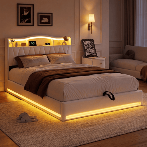 Cama estofada de 160x200 cm com sistema hidráulico, espaço de armazenamento, iluminação LED e USB, revestimento em veludo bege, cama de casal com estrado de ripas.