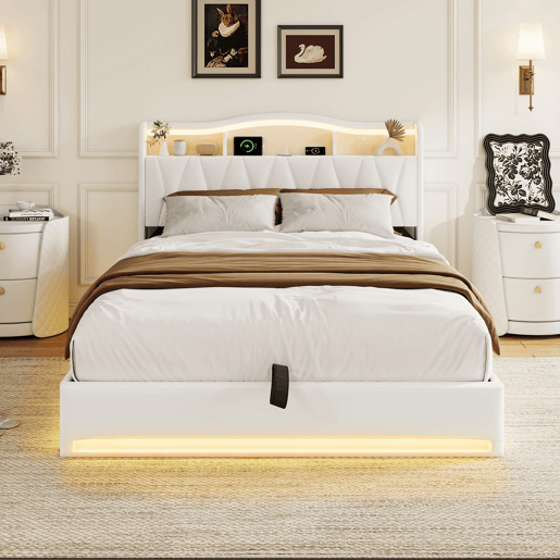 Cama estofada de 160x200 cm com sistema hidráulico, espaço de armazenamento, iluminação LED e USB, revestimento em veludo bege, cama de casal com estrado de ripas.
