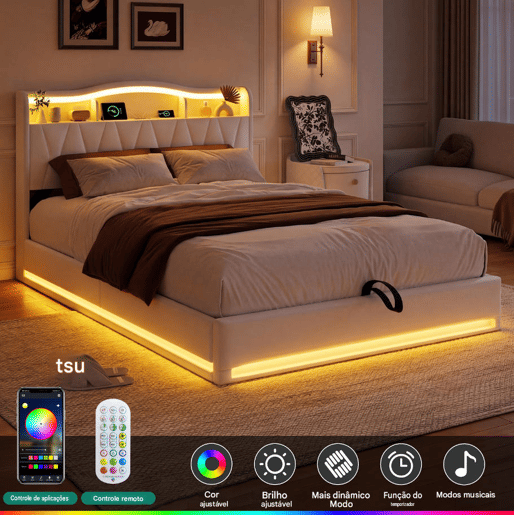 Cama estofada de 160x200 cm com sistema hidráulico, espaço de armazenamento, iluminação LED e USB, revestimento em veludo bege, cama de casal com estrado de ripas.
