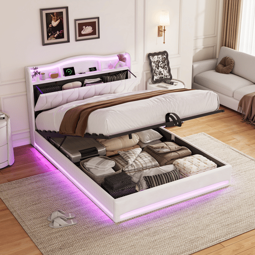 Cama estofada de 160x200 cm com sistema hidráulico, espaço de armazenamento, iluminação LED e USB, revestimento em veludo bege, cama de casal com estrado de ripas.