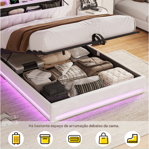 Cama estofada de 160x200 cm com sistema hidráulico, espaço de armazenamento, iluminação LED e USB, revestimento em veludo bege, cama de casal com estrado de ripas.