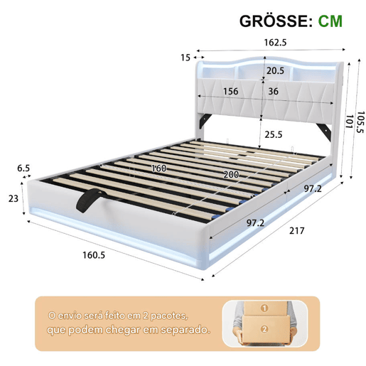 Cama estofada de 160x200 cm com sistema hidráulico, espaço de armazenamento, iluminação LED e USB, revestimento em veludo bege, cama de casal com estrado de ripas.