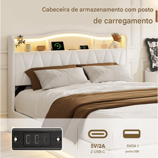 Cama estofada de 160x200 cm com sistema hidráulico, espaço de armazenamento, iluminação LED e USB, revestimento em veludo bege, cama de casal com estrado de ripas.