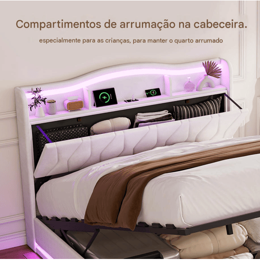 Cama estofada de 160x200 cm com sistema hidráulico, espaço de armazenamento, iluminação LED e USB, revestimento em veludo bege, cama de casal com estrado de ripas.
