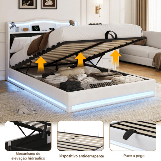 Cama estofada de 160x200 cm com sistema hidráulico, espaço de armazenamento, iluminação LED e USB, revestimento em veludo bege, cama de casal com estrado de ripas.