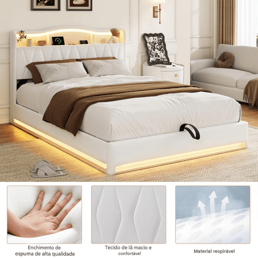 Cama estofada de 160x200 cm com sistema hidráulico, espaço de armazenamento, iluminação LED e USB, revestimento em veludo bege, cama de casal com estrado de ripas.