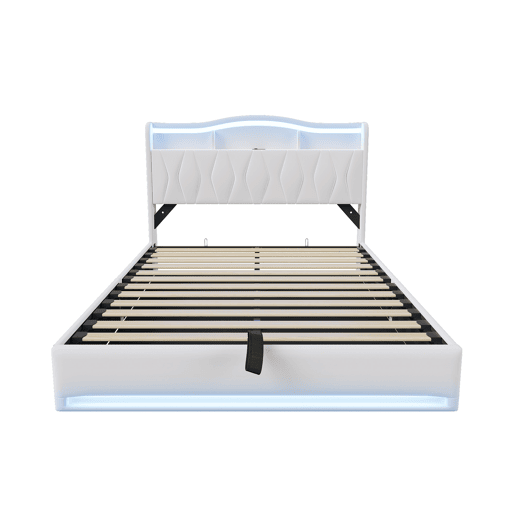 Cama estofada de 160x200 cm com sistema hidráulico, espaço de armazenamento, iluminação LED e USB, revestimento em veludo bege, cama de casal com estrado de ripas.