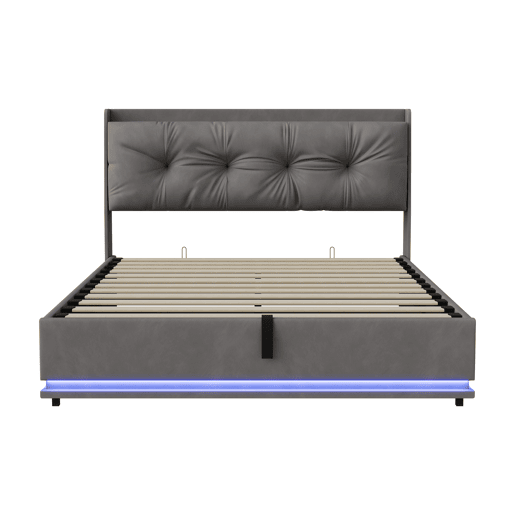 Cama estofada de casal em veludo cinza, 160x200 cm, com base hidráulica, espaço de armazenamento com portas USB e Type-C, iluminação LED RGB com controle remoto e estrado de ripas. Cama estofada de casal em veludo cinza, 160x200 cm, com base hidráulica, espaço de armazenamento com portas USB e Type-C, iluminação LED RGB com controle remoto e estrado de ripas.