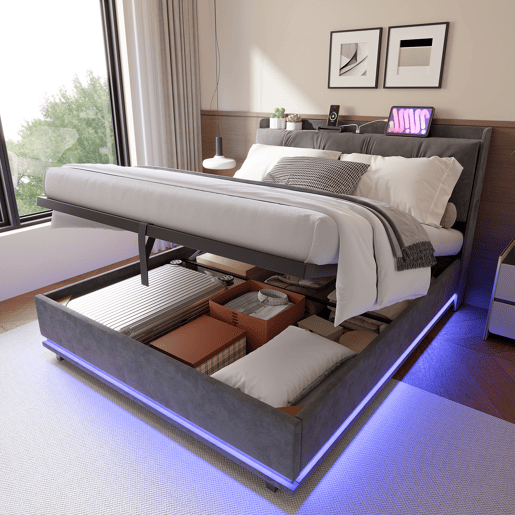 Cama estofada de casal em veludo cinza, 160x200 cm, com base hidráulica, espaço de armazenamento com portas USB e Type-C, iluminação LED RGB com controle remoto e estrado de ripas. Cama estofada de casal em veludo cinza, 160x200 cm, com base hidráulica, espaço de armazenamento com portas USB e Type-C, iluminação LED RGB com controle remoto e estrado de ripas.