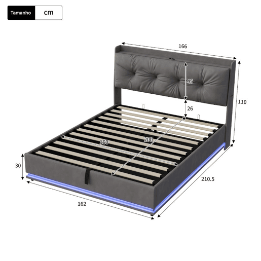Cama estofada de casal em veludo cinza, 160x200 cm, com base hidráulica, espaço de armazenamento com portas USB e Type-C, iluminação LED RGB com controle remoto e estrado de ripas. Cama estofada de casal em veludo cinza, 160x200 cm, com base hidráulica, espaço de armazenamento com portas USB e Type-C, iluminação LED RGB com controle remoto e estrado de ripas.