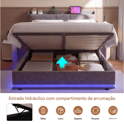 Cama estofada de casal em veludo cinza, 160x200 cm, com base hidráulica, espaço de armazenamento com portas USB e Type-C, iluminação LED RGB com controle remoto e estrado de ripas. Cama estofada de casal em veludo cinza, 160x200 cm, com base hidráulica, espaço de armazenamento com portas USB e Type-C, iluminação LED RGB com controle remoto e estrado de ripas.