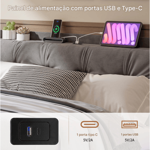 Cama estofada de casal em veludo cinza, 160x200 cm, com base hidráulica, espaço de armazenamento com portas USB e Type-C, iluminação LED RGB com controle remoto e estrado de ripas. Cama estofada de casal em veludo cinza, 160x200 cm, com base hidráulica, espaço de armazenamento com portas USB e Type-C, iluminação LED RGB com controle remoto e estrado de ripas.