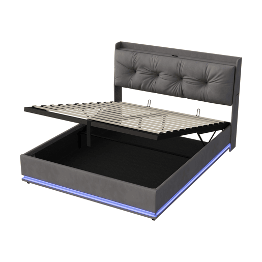 Cama estofada de casal em veludo cinza, 160x200 cm, com base hidráulica, espaço de armazenamento com portas USB e Type-C, iluminação LED RGB com controle remoto e estrado de ripas. Cama estofada de casal em veludo cinza, 160x200 cm, com base hidráulica, espaço de armazenamento com portas USB e Type-C, iluminação LED RGB com controle remoto e estrado de ripas.