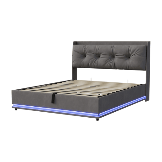 Cama estofada de casal em veludo cinza, 160x200 cm, com base hidráulica, espaço de armazenamento com portas USB e Type-C, iluminação LED RGB com controle remoto e estrado de ripas. Cama estofada de casal em veludo cinza, 160x200 cm, com base hidráulica, espaço de armazenamento com portas USB e Type-C, iluminação LED RGB com controle remoto e estrado de ripas.