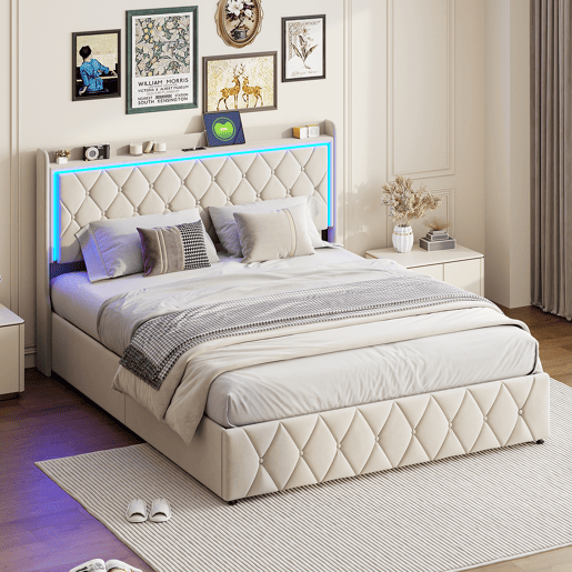 Cama estofada de 140x190 cm com mola a gás e espaço para arrumação, cabeceira com LED, revestimento em veludo, design Chesterfield, estrutura de ripas, bege.