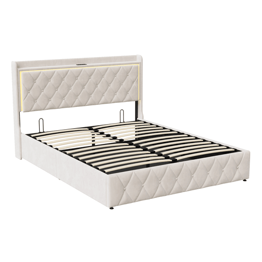Cama estofada de 140x190 cm com mola a gás e espaço para arrumação, cabeceira com LED, revestimento em veludo, design Chesterfield, estrutura de ripas, bege.