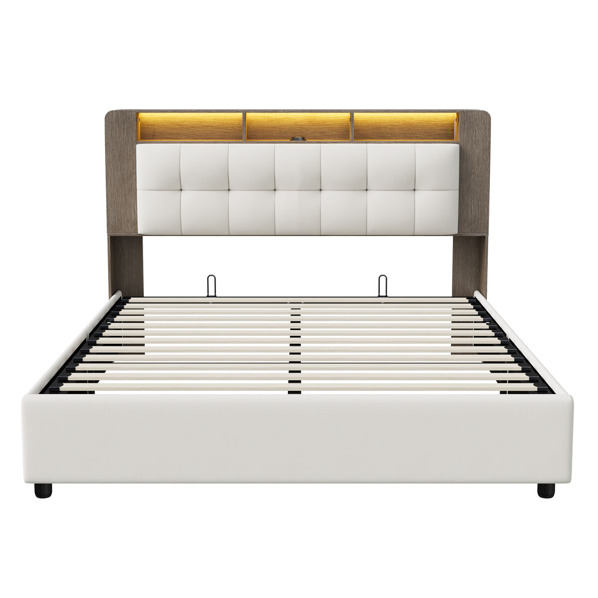 Cama tapizada 140x200cm con somier de láminas, somier hidráulico con espacio de almacenaje, cama de matrimonio con canapé y cabecero con canapé y led,