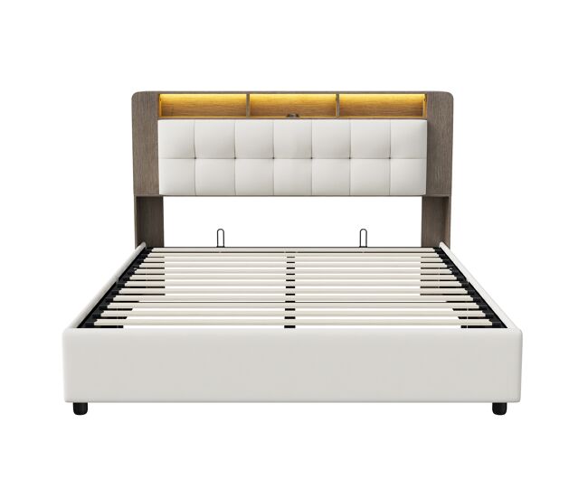 Cama tapizada 140x200cm con somier de láminas, somier hidráulico con espacio de almacenaje, cama de matrimonio con canapé y cabecero con canapé y led,