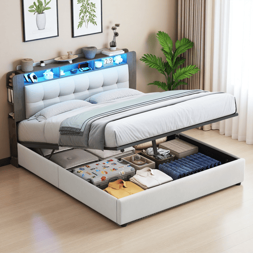 Cama estofada 140x200cm com estrado de ripas, cama box hidráulica com espaço de arrumação, cama box com arrumação, cama de casal com cabeceira com arrumação e LED, bege Cama estofada 140x200cm com estrado de ripas, cama box hidráulica com espaço de arrumação, cama box com arrumação, cama de casal com cabeceira com arrumação e LED, bege