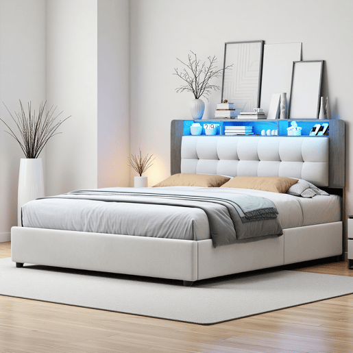 Cama estofada 140x200cm com estrado de ripas, cama box hidráulica com espaço de arrumação, cama box com arrumação, cama de casal com cabeceira com arrumação e LED, bege Cama estofada 140x200cm com estrado de ripas, cama box hidráulica com espaço de arrumação, cama box com arrumação, cama de casal com cabeceira com arrumação e LED, bege