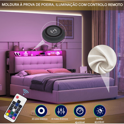 Cama estofada 140x200cm com estrado de ripas, cama box hidráulica com espaço de arrumação, cama box com arrumação, cama de casal com cabeceira com arrumação e LED, bege Cama estofada 140x200cm com estrado de ripas, cama box hidráulica com espaço de arrumação, cama box com arrumação, cama de casal com cabeceira com arrumação e LED, bege