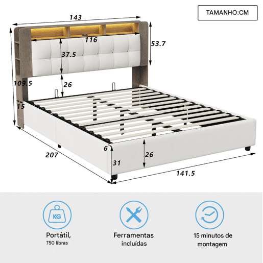 Cama estofada 140x200cm com estrado de ripas, cama box hidráulica com espaço de arrumação, cama box com arrumação, cama de casal com cabeceira com arrumação e LED, bege Cama estofada 140x200cm com estrado de ripas, cama box hidráulica com espaço de arrumação, cama box com arrumação, cama de casal com cabeceira com arrumação e LED, bege