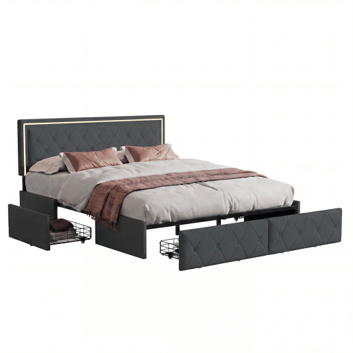 Cama estofada 140x200cm, cama de casal com 4 gavetas, cama com arrumação, cama jovem com estrado de ripas e LED, cama funcional, cama de madeira maciça, PU, cinza Cama estofada 140x200cm, cama de casal com 4 gavetas, cama com arrumação, cama jovem com estrado de ripas e LED, cama funcional, cama de madeira maciça, PU, cinza