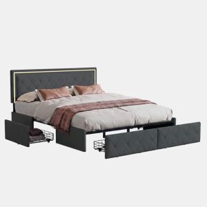 Cama estofada 140x200cm, cama de casal com 4 gavetas, cama com arrumação, cama jovem com estrado de ripas e LED, cama funcional, cama de madeira maciça, PU, cinza