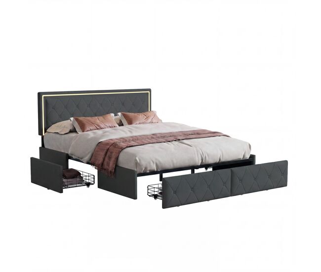 Cama tapizada 140x200cm, cama doble con 4 cajones, cama con canapé, cama juvenil con somier y LED, cama funcional, cama de madera maciza, PU, gris