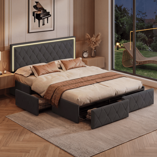 Cama estofada 140x200cm, cama de casal com 4 gavetas, cama com arrumação, cama jovem com estrado de ripas e LED, cama funcional, cama de madeira maciça, PU, cinza Cama estofada 140x200cm, cama de casal com 4 gavetas, cama com arrumação, cama jovem com estrado de ripas e LED, cama funcional, cama de madeira maciça, PU, cinza