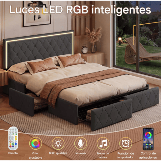 Cama estofada 140x200cm, cama de casal com 4 gavetas, cama com arrumação, cama jovem com estrado de ripas e LED, cama funcional, cama de madeira maciça, PU, cinza Cama estofada 140x200cm, cama de casal com 4 gavetas, cama com arrumação, cama jovem com estrado de ripas e LED, cama funcional, cama de madeira maciça, PU, cinza
