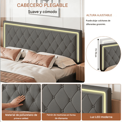 Cama estofada 140x200cm, cama de casal com 4 gavetas, cama com arrumação, cama jovem com estrado de ripas e LED, cama funcional, cama de madeira maciça, PU, cinza Cama estofada 140x200cm, cama de casal com 4 gavetas, cama com arrumação, cama jovem com estrado de ripas e LED, cama funcional, cama de madeira maciça, PU, cinza