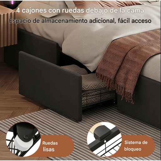 Cama estofada 140x200cm, cama de casal com 4 gavetas, cama com arrumação, cama jovem com estrado de ripas e LED, cama funcional, cama de madeira maciça, PU, cinza Cama estofada 140x200cm, cama de casal com 4 gavetas, cama com arrumação, cama jovem com estrado de ripas e LED, cama funcional, cama de madeira maciça, PU, cinza