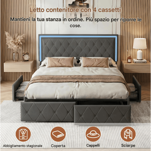 Cama estofada 140x200cm, cama de casal com 4 gavetas, cama com arrumação, cama jovem com estrado de ripas e LED, cama funcional, cama de madeira maciça, PU, cinza Cama estofada 140x200cm, cama de casal com 4 gavetas, cama com arrumação, cama jovem com estrado de ripas e LED, cama funcional, cama de madeira maciça, PU, cinza