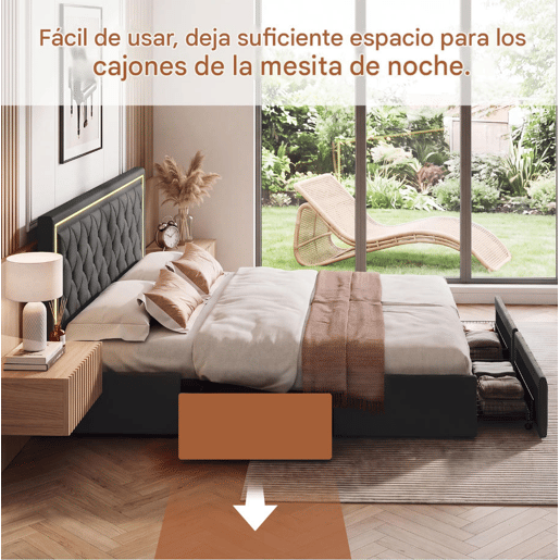 Cama estofada 140x200cm, cama de casal com 4 gavetas, cama com arrumação, cama jovem com estrado de ripas e LED, cama funcional, cama de madeira maciça, PU, cinza Cama estofada 140x200cm, cama de casal com 4 gavetas, cama com arrumação, cama jovem com estrado de ripas e LED, cama funcional, cama de madeira maciça, PU, cinza