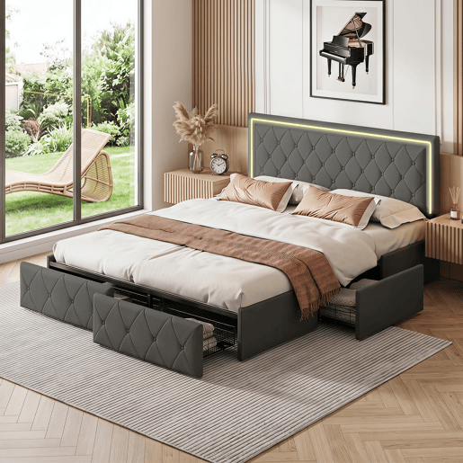 Cama estofada 140x200cm, cama de casal com 4 gavetas, cama com arrumação, cama jovem com estrado de ripas e LED, cama funcional, cama de madeira maciça, PU, cinza Cama estofada 140x200cm, cama de casal com 4 gavetas, cama com arrumação, cama jovem com estrado de ripas e LED, cama funcional, cama de madeira maciça, PU, cinza