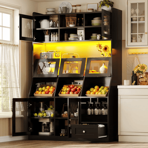 Armário alto de cozinha 120 x 40 x 181,7 cm - com porta USB, arrumação multifuncional, ampla superfície de trabalho, portas de vidro e iluminação LED - preto Armário alto de cozinha 120 x 40 x 181,7 cm - com porta USB, arrumação multifuncional, ampla superfície de trabalho, portas de vidro e iluminação LED - preto
