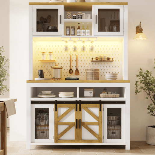 Armário alto de cozinha - com porta USB, iluminação LED, arrumação multifuncional e ampla superfície de trabalho para a cozinha e a sala de jantar - Branco