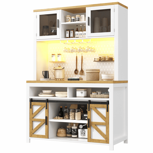 Armário alto de cozinha - com porta USB, iluminação LED, arrumação multifuncional e ampla superfície de trabalho para a cozinha e a sala de jantar - Branco