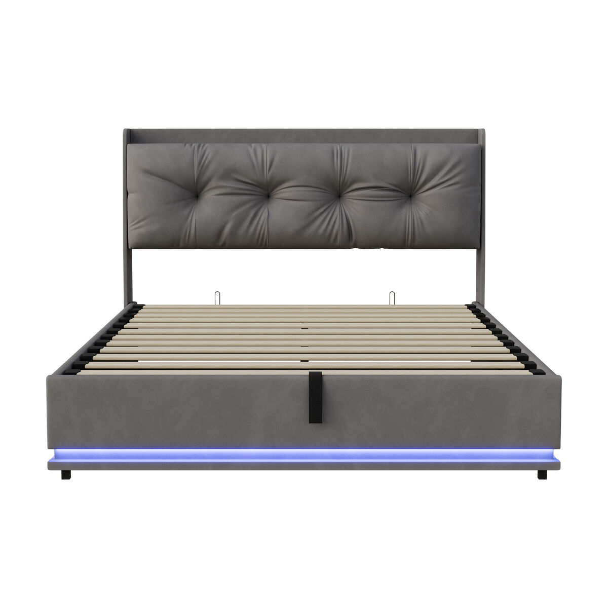 Cama tapizada de 140x200 cm, color gris, de terciopelo, con base hidráulica, cama con espacio de almacenamiento, puerto usb y type-c, iluminación led