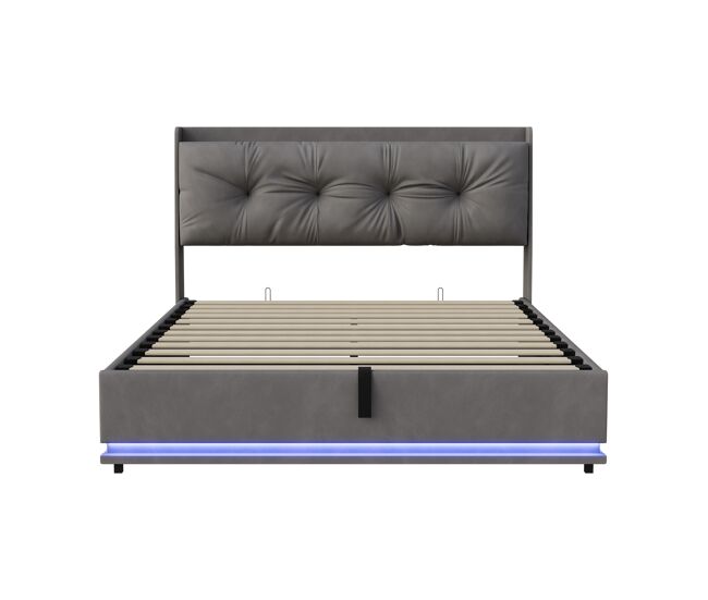 Cama tapizada de 140x200 cm, color gris, de terciopelo, con base hidráulica, cama con espacio de almacenamiento, puerto usb y type-c, iluminación led