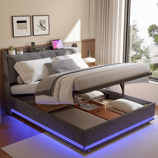 Cama estofada de casal em veludo cinza, 140x200 cm, com base hidráulica, espaço de armazenamento com portas USB e Tipo-C, iluminação LED RGB com controle remoto e estrado de ripas.