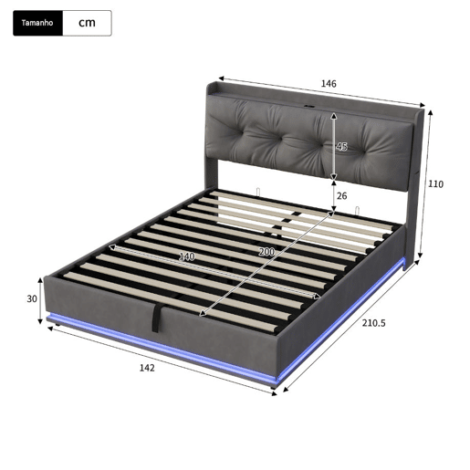 Cama estofada de casal em veludo cinza, 140x200 cm, com base hidráulica, espaço de armazenamento com portas USB e Tipo-C, iluminação LED RGB com controle remoto e estrado de ripas.