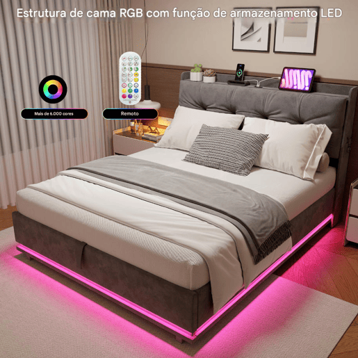 Cama estofada de casal em veludo cinza, 140x200 cm, com base hidráulica, espaço de armazenamento com portas USB e Tipo-C, iluminação LED RGB com controle remoto e estrado de ripas.