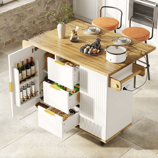 Carrinho de cozinha - bancada rebatível e tomada elétrica, ilha de cozinha móvel com rodas, design em madeira - Branco